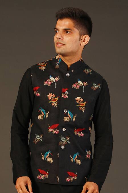 Rohit Bal_Black Linen, Lining Silk Bird Embroidered Bundi _Online_at_Aza_Fashions