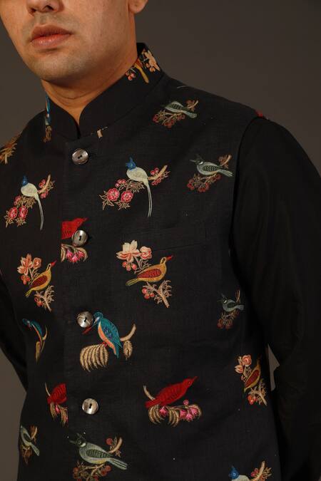 Buy_Rohit Bal_Black Linen, Lining Silk Bird Embroidered Bundi _Online_at_Aza_Fashions