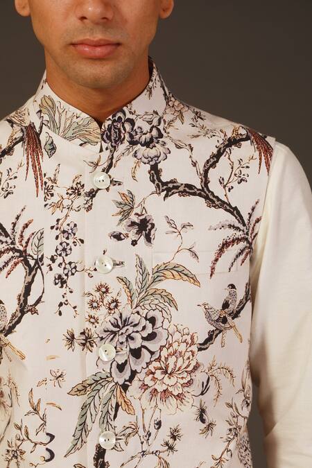 Rohit Bal_White Linen, Lining Silk Bird, Floral Print Bundi _Online_at_Aza_Fashions