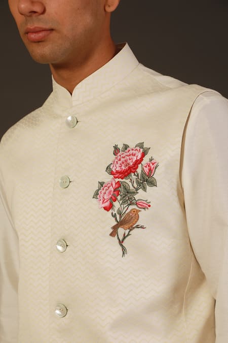 Rohit Bal_White Chanderi, Lining Silk Floral Matka Printed Bundi _Online_at_Aza_Fashions