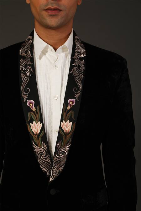 Rohit Bal_Black Velvet, Lining Floral Tuxedo _Online_at_Aza_Fashions