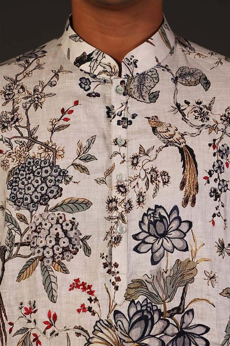 Rohit Bal_White Linen Bird, Floral Print Kurta Set _Online_at_Aza_Fashions