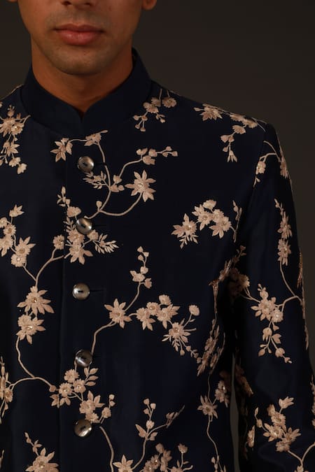 Rohit Bal_Blue Chanderi, Lining Silk Bird, Floral Embroidered Sherwani _Online_at_Aza_Fashions