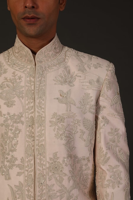 Rohit Bal_Pink Chanderi, Lining Silk Floral, Animal Embroidered Sherwani _Online_at_Aza_Fashions