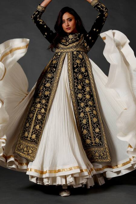 Rohit Bal Black Cotton, Velvet, Lining Floral Round Embroidered Anarkali Set Online at Aza Fashions Rohit Bal_Black Cotton, Velvet, Lining Floral Round Embroidered Anarkali Set _Online_at_Aza_Fashions