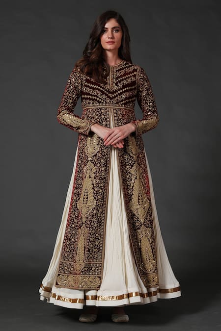 Rohit Bal_Maroon Cotton, Velvet, Lining Floral Round Embroidered Anarkali Set _Online_at_Aza_Fashions