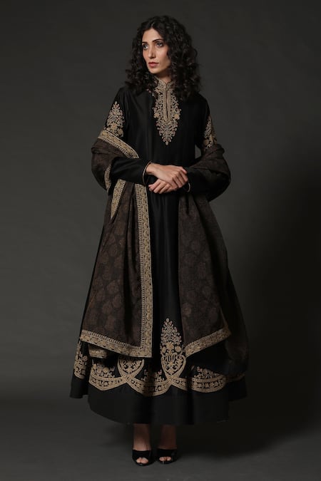 Rohit Bal Black Chanderi Embroidered Floral Mandarin Collar Anarkali Set