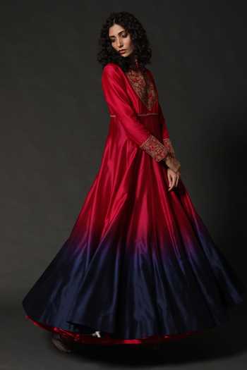 Rohit Bal_Pink Chanderi, Lining Cotton Floral Mandarin Collar Embroidered Anarkali Set _Online_at_Aza_Fashions