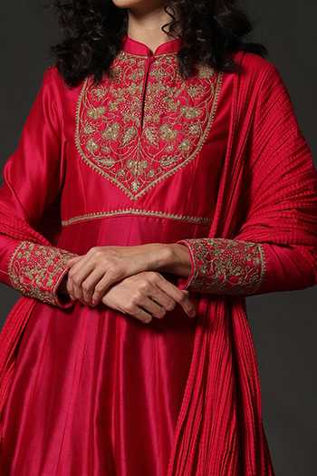 Buy Rohit Bal Pink Chanderi, Lining Cotton Floral Mandarin Collar Embroidered Anarkali Set Online at Aza Fashions Buy_Rohit Bal_Pink Chanderi, Lining Cotton Floral Mandarin Collar Embroidered Anarkali Set _Online_at_Aza_Fashions