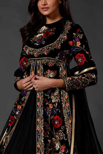 Rohit Bal_Black Silk Velvet Embroidered Floral Round Anarkali Set_Online_at_Aza_Fashions