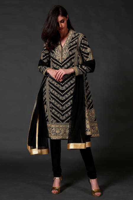 Rohit Bal Black Chanderi Silk, Lining Cotton Floral V Neck Embroidered Kurta Set 