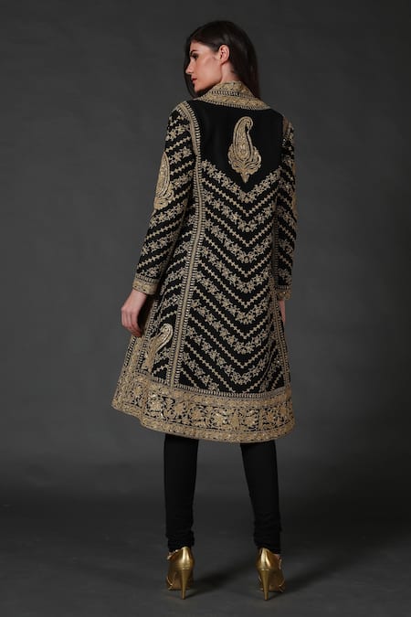 Shop Rohit Bal Black Chanderi Silk, Lining Cotton Floral V Neck Embroidered Kurta Set at Aza Fashions Shop_Rohit Bal_Black Chanderi Silk, Lining Cotton Floral V Neck Embroidered Kurta Set _at_Aza_Fashions