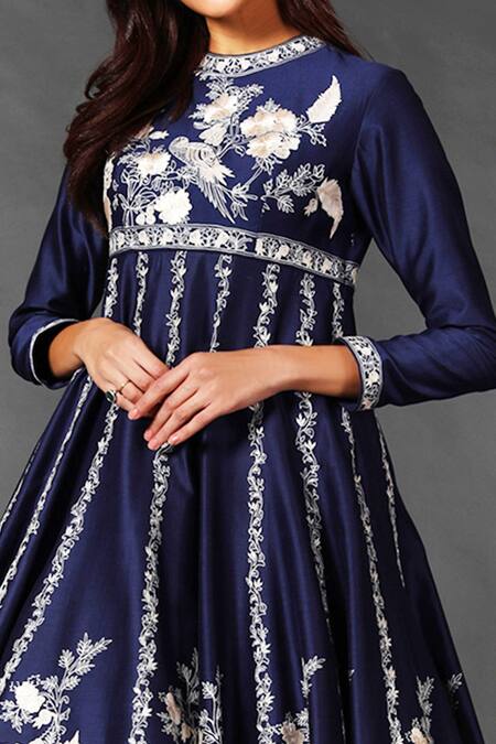 Rohit Bal_Blue Chanderi Silk, Lining Cotton Floral Round Embroidered Anarkali Gown _Online_at_Aza_Fashions