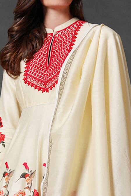 Buy_Rohit Bal_White Chanderi, Lining Cotton Floral Mandarin Collar Print Anarkali Set _Online_at_Aza_Fashions