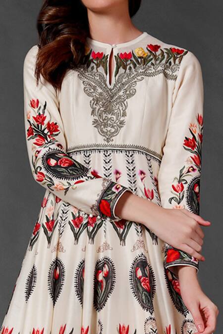 Rohit Bal_White Chanderi Silk, Lining Cotton Floral Keyhole Printed Anarkali Set _Online_at_Aza_Fashions