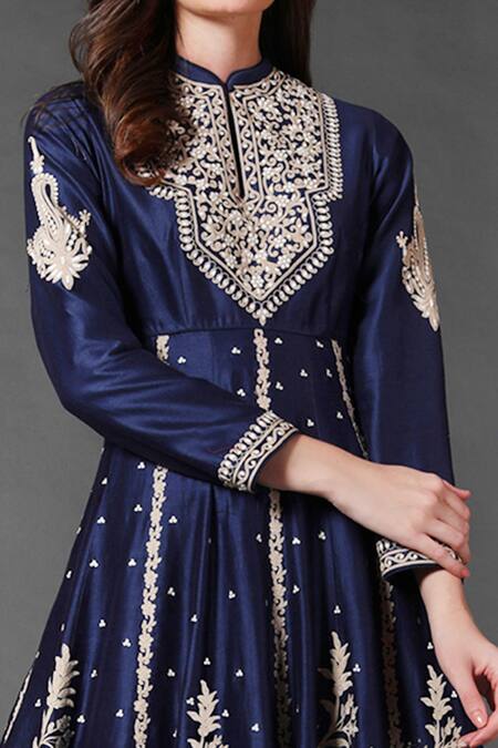 Rohit Bal_Blue Chanderi Silk, Lining Cotton Bird, Floral Embroidered Anarkali Gown _Online_at_Aza_Fashions