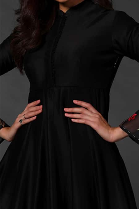 Rohit Bal_Black Chanderi Silk, Lining Cotton Floral Mandarin Collar Anarkali Set _Online_at_Aza_Fashions