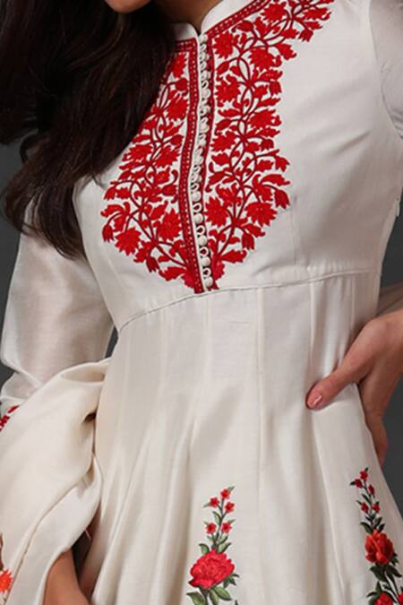 Buy_Rohit Bal_White Chanderi Silk, Lining Cotton Floral Mandarin Collar Printed Anarkali Set _Online_at_Aza_Fashions