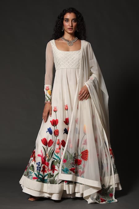 Buy_Rohit Bal_White Net, Chanderi, Lining Floral Scoop Embroidered Anarkali Set _Online_at_Aza_Fashions