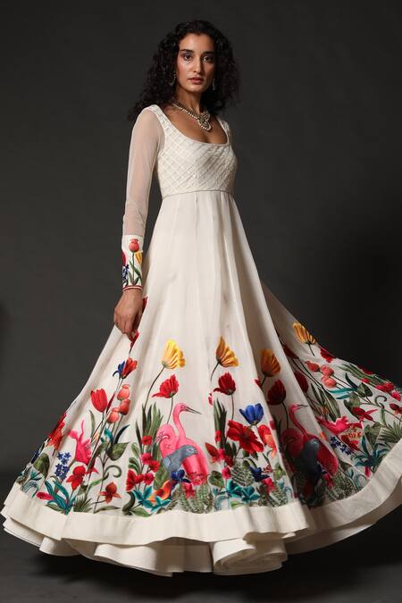 Rohit Bal_White Net, Chanderi, Lining Floral Scoop Embroidered Anarkali Set _Online_at_Aza_Fashions