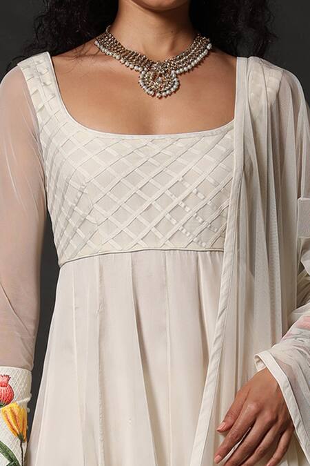 Shop_Rohit Bal_White Net, Chanderi, Lining Floral Scoop Embroidered Anarkali Set _Online_at_Aza_Fashions