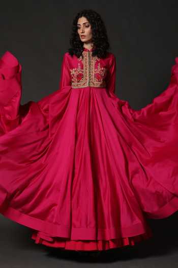 Rohit Bal_Pink Chanderi, Lining Cotton Floral Mandarin Collar Embroidered Anarkali Set _Online_at_Aza_Fashions