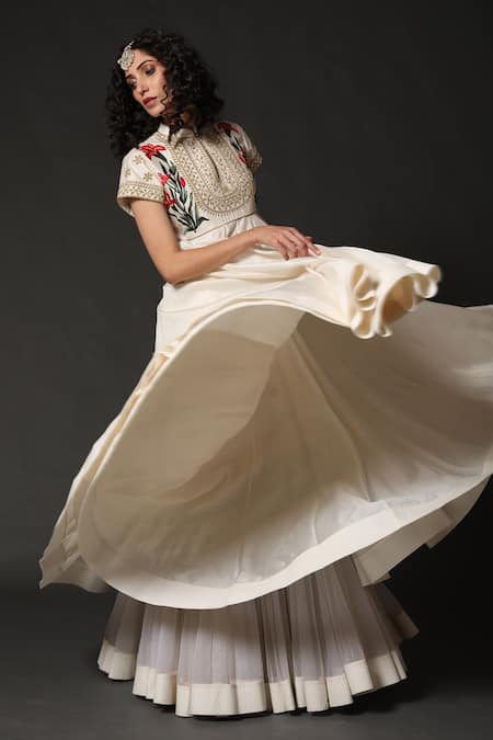 Rohit Bal_White Chanderi, Lining Cotton Floral Mandarin Collar Embroidered Anarkali Set _Online_at_Aza_Fashions