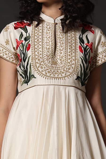 Buy_Rohit Bal_White Chanderi, Lining Cotton Floral Mandarin Collar Embroidered Anarkali Set _Online_at_Aza_Fashions