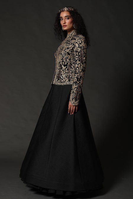 Rohit Bal_Black Velvet, Lining Floral Mandarin Collar Embroidered Jacket _Online_at_Aza_Fashions