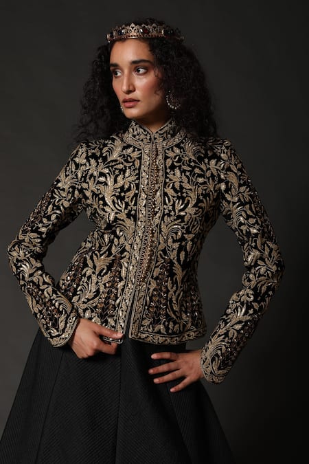 Buy_Rohit Bal_Black Velvet, Lining Floral Mandarin Collar Embroidered Jacket _Online_at_Aza_Fashions