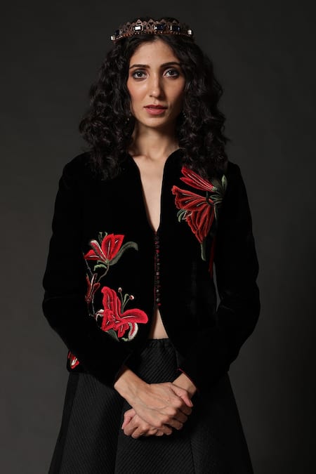 Rohit Bal_Black Velvet, Lining Floral V Neck Embroidered Jacket _Online_at_Aza_Fashions