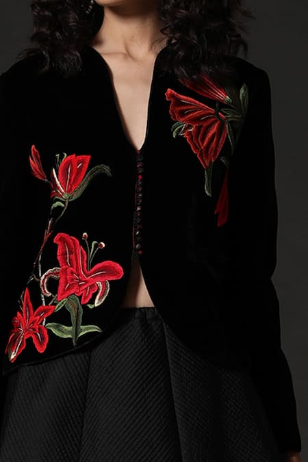 Buy Black Silk Velvet Embroidered Floral Mandarin Collar Short Jacket For  Women by Rohit Bal Online at Aza Fashions.