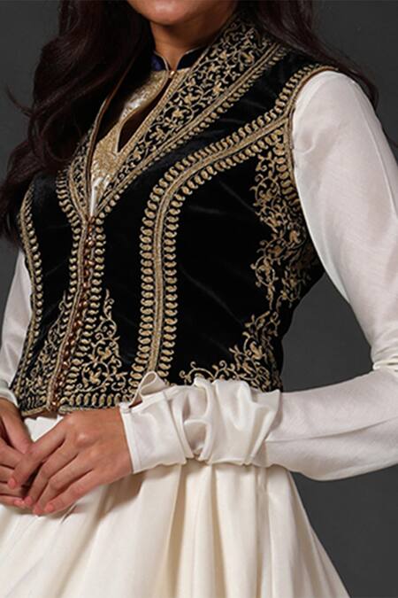 Rohit Bal Black Chanderi, Silk Velvet, Lining Cotton Embroidered Jacket And Anarkali Set Online at Aza Fashions Rohit Bal_Black Chanderi, Silk Velvet, Lining Cotton Embroidered Jacket And Anarkali Set _Online_at_Aza_Fashions