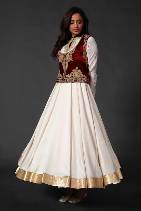 Rohit Bal Maroon Chanderi, Silk Velvet, Lining Cotton Floral Jacket And Anarkali Set 