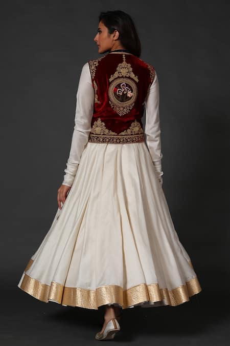 Shop Rohit Bal Maroon Chanderi, Silk Velvet, Lining Cotton Floral Jacket And Anarkali Set at Aza Fashions Shop_Rohit Bal_Maroon Chanderi, Silk Velvet, Lining Cotton Floral Jacket And Anarkali Set _at_Aza_Fashions