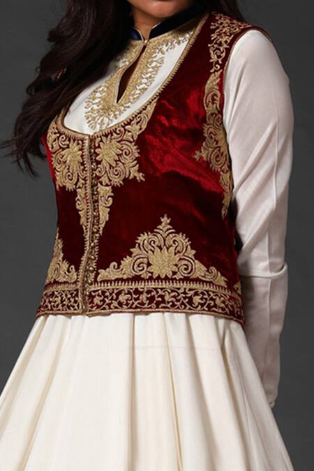 Rohit Bal Maroon Chanderi, Silk Velvet, Lining Cotton Floral Jacket And Anarkali Set Online at Aza Fashions Rohit Bal_Maroon Chanderi, Silk Velvet, Lining Cotton Floral Jacket And Anarkali Set _Online_at_Aza_Fashions