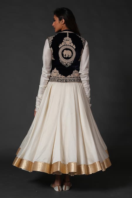 Shop Rohit Bal Black Chanderi, Silk Velvet, Lining Cotton Floral Jacket And Anarkali Set at Aza Fashions Shop_Rohit Bal_Black Chanderi, Silk Velvet, Lining Cotton Floral Jacket And Anarkali Set _at_Aza_Fashions