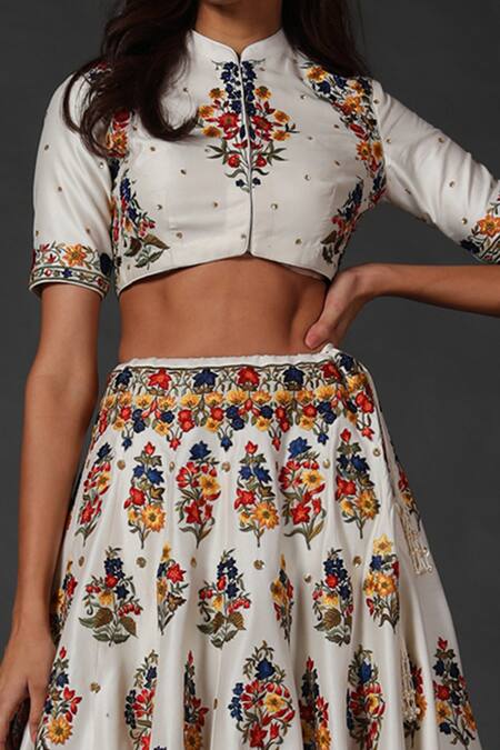 Rohit Bal_White Chanderi, Lining Cotton Floral Mandarin Embroidered Bridal Lehenga Set _Online_at_Aza_Fashions