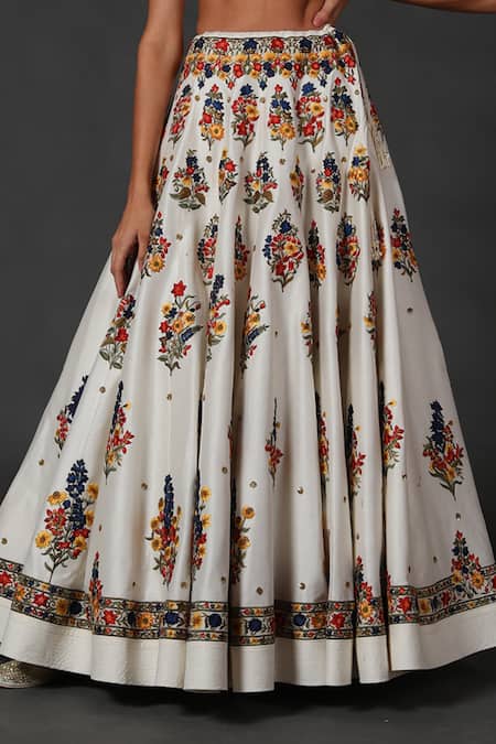 Buy_Rohit Bal_White Chanderi, Lining Cotton Floral Mandarin Embroidered Bridal Lehenga Set _Online_at_Aza_Fashions