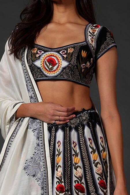 Buy_Rohit Bal_White , Chanderi, Lining Floral Scoop Silk Embroidered Lehenga Set _Online_at_Aza_Fashions
