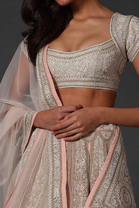 Buy_Rohit Bal_White , Net, Lining Floral Scoop Embroidered Bridal Lehenga Set _Online_at_Aza_Fashions