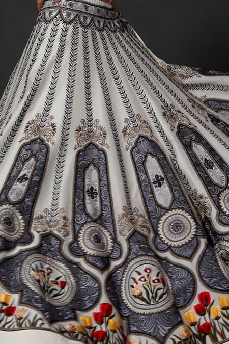 Buy_Rohit Bal_White , Chanderi, Lining Floral, Embroidered Bridal Lehenga Set _Online_at_Aza_Fashions