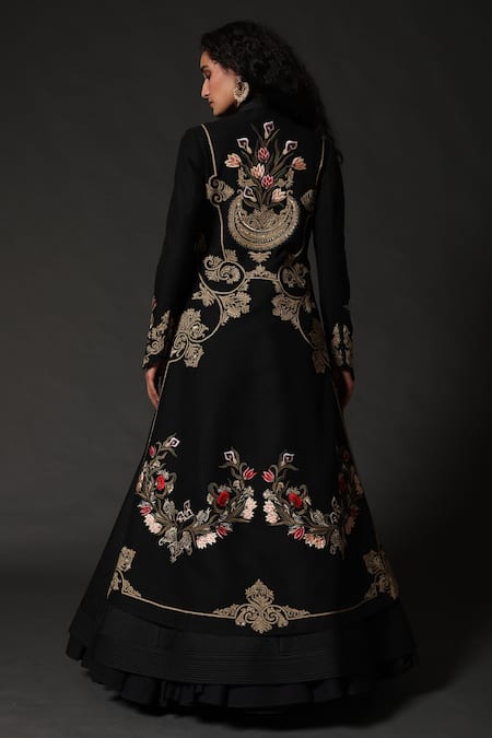 Shop_Rohit Bal_Black Matka , Lining Floral Shawl Lapel Embroidered Long Jacket _at_Aza_Fashions