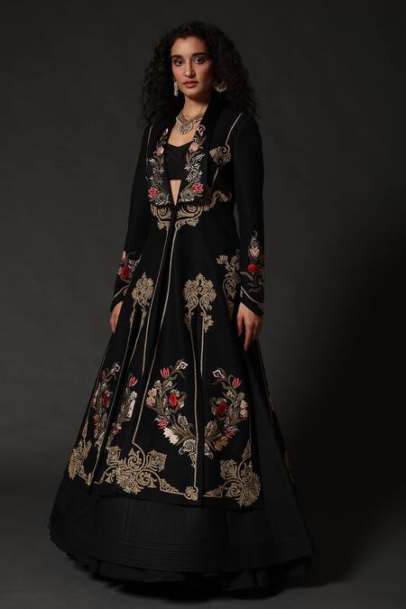 Rohit Bal_Black Matka , Lining Floral Shawl Lapel Embroidered Long Jacket _Online_at_Aza_Fashions