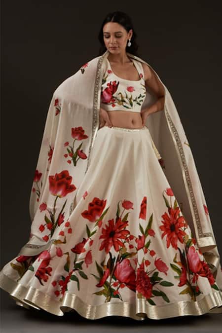 Rohit Bal White Chanderi Printed Floral Scoop Neck Bridal Lehenga Set 