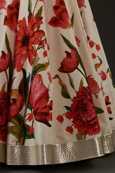 Rohit Bal_White Cotton, Chanderi Floral Scoop Neck Print Bridal Lehenga Set _Online_at_Aza_Fashions