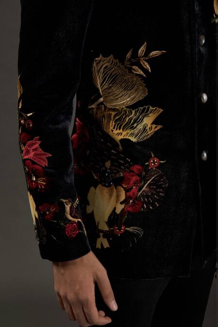 Rohit Bal_Black Velvet, Lining Bird, Floral Bandhgala _Online_at_Aza_Fashions