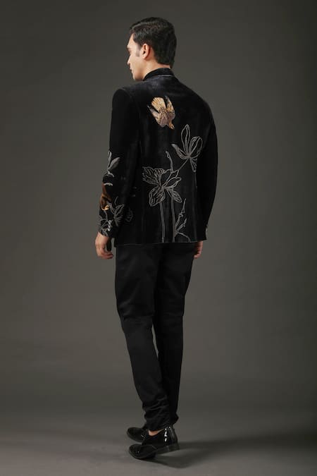 Shop Rohit Bal Black Velvet, Lining Bird, Floral Printed Bandhgala at Aza Fashions Shop_Rohit Bal_Black Velvet, Lining Bird, Floral Printed Bandhgala _at_Aza_Fashions