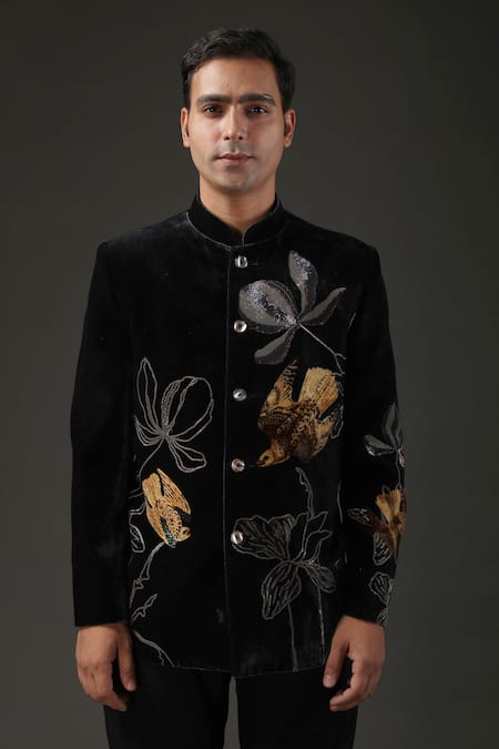 Rohit Bal Black Velvet, Lining Bird, Floral Printed Bandhgala Online at Aza Fashions Rohit Bal_Black Velvet, Lining Bird, Floral Printed Bandhgala _Online_at_Aza_Fashions