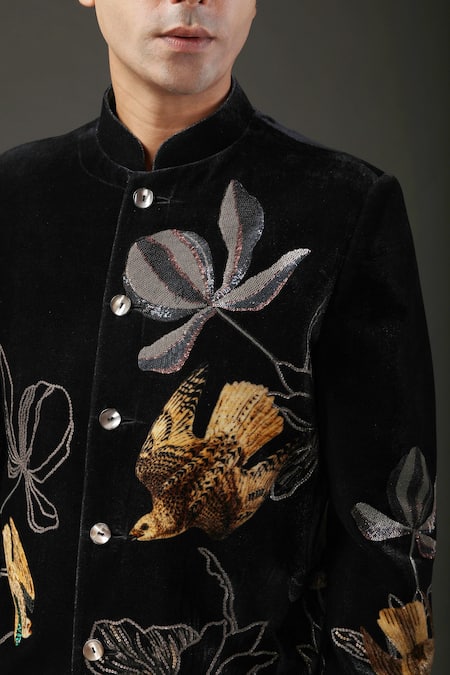 Buy Rohit Bal Black Velvet, Lining Bird, Floral Printed Bandhgala Online at Aza Fashions Buy_Rohit Bal_Black Velvet, Lining Bird, Floral Printed Bandhgala _Online_at_Aza_Fashions